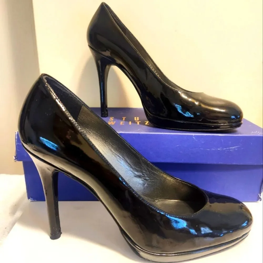 Stuart Weitzman Classic Black Patent Leather Stiletto Heel Pumps sz.7.5 Ret $445